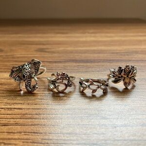 4 NIB CHARMING CHARLIE Silver Tone Elephant, Heart, Laurel Leaf & Lotus Ring Set